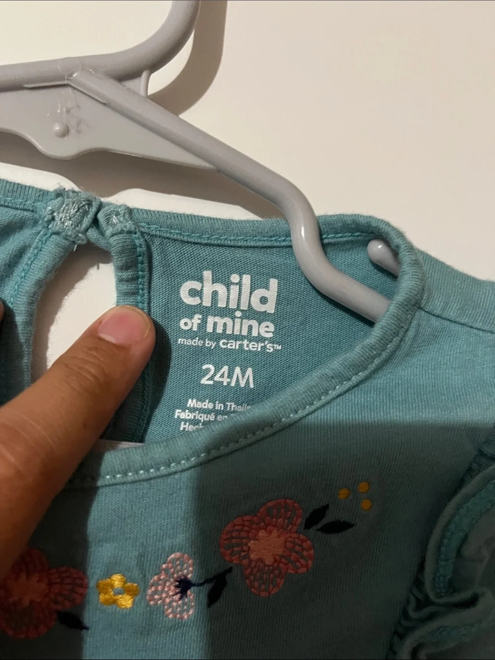 child of mine teal long-sleeve top with embroidered florals